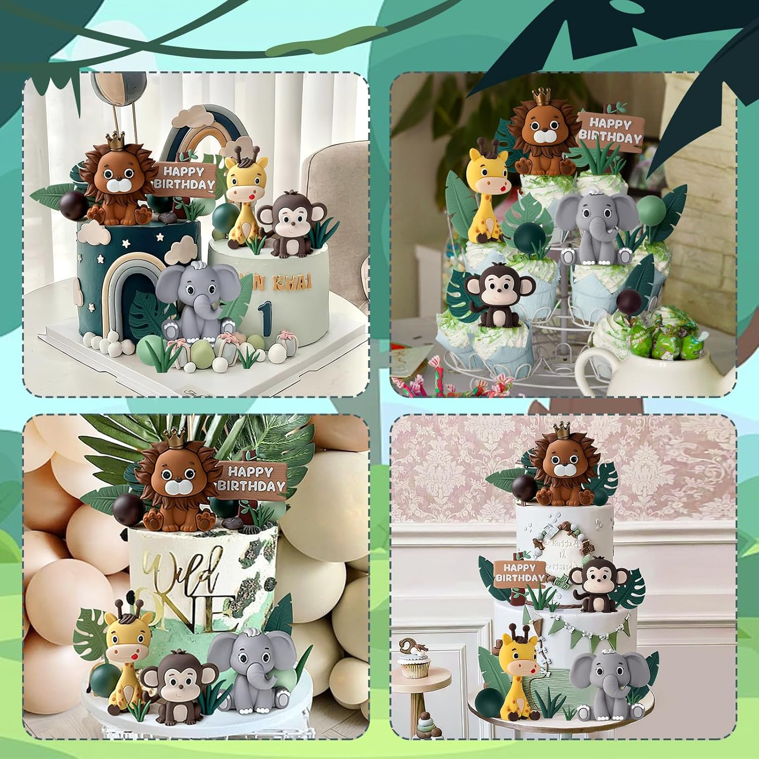 19Pcs Safari Animal Cake Topper - Jungle Wild Cake Decorations with Leaves Balls for Animals Themed Birthday Boy Girl Baby Shower Party (Animal Style) image number 5