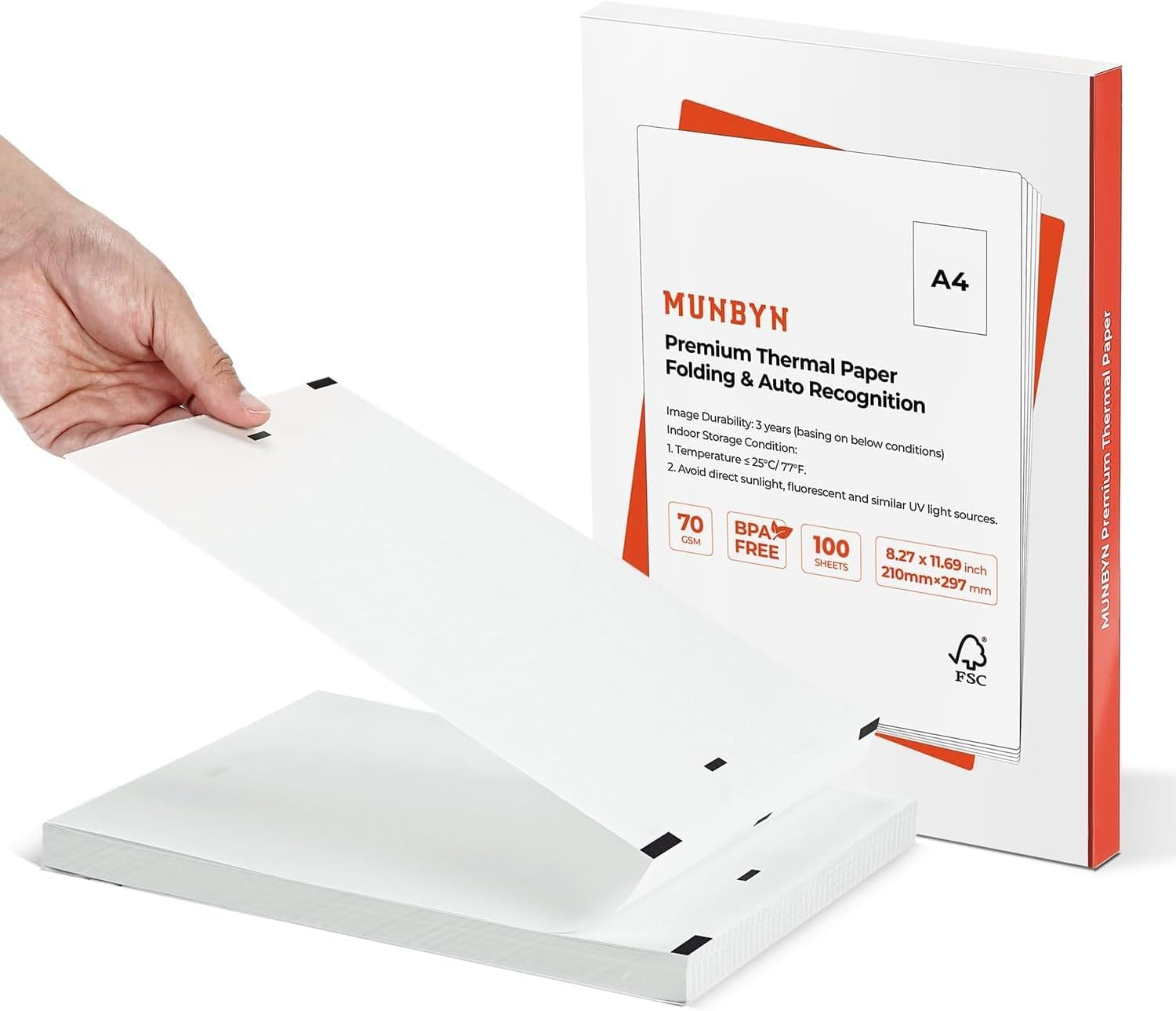 MUNBYN 200 Sheets Thermal Printer Paper A4 210 X 297Mm, Thermal Paper, Compatible with ITP01/ITP04/A40 Portable Thermal Printer, Continual Feeding Thermal Paper image number 1