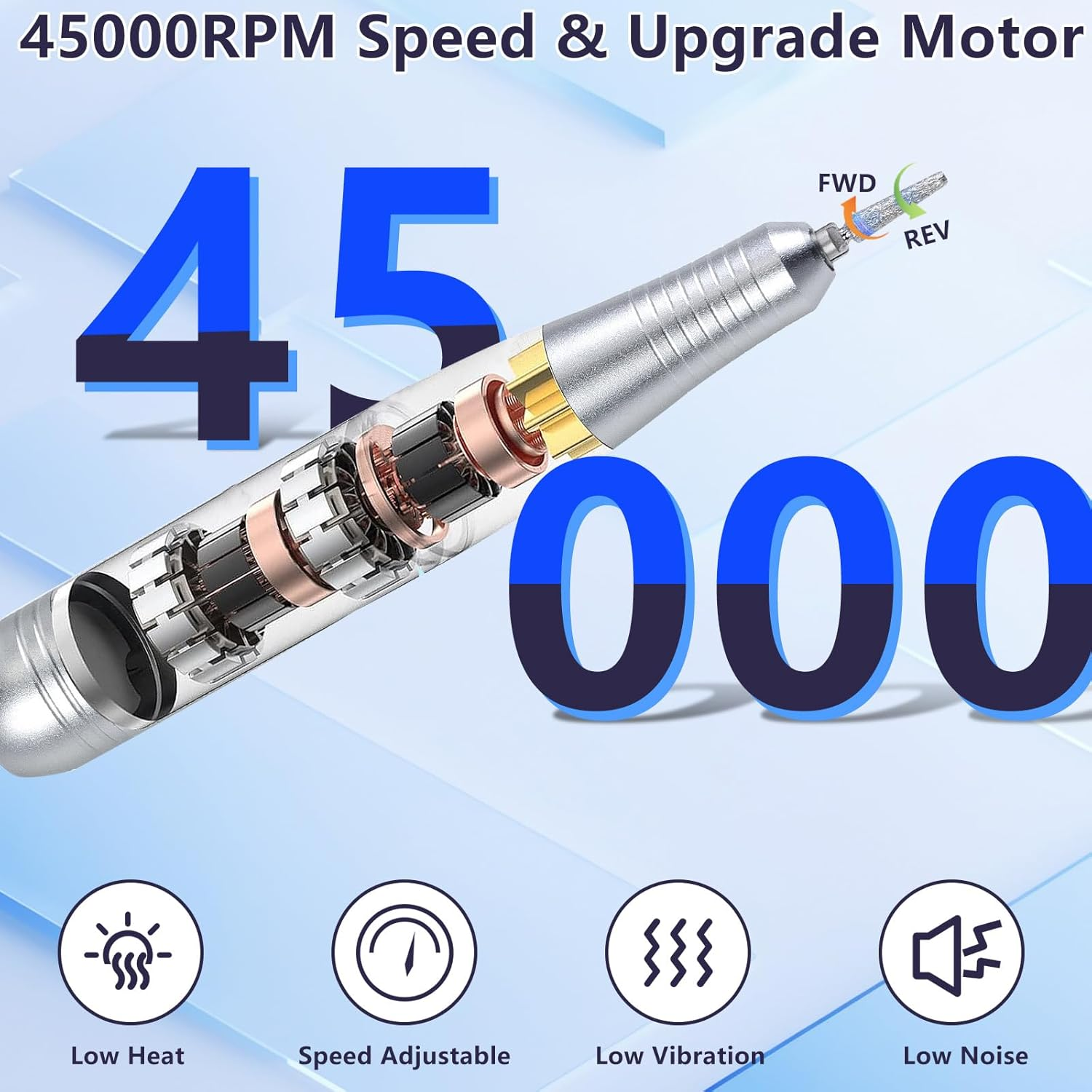 Electric Nail Files, 45000RPM Professional Electric Nail Drill Machine, Rechargeable Portable E File Kit for Acrylic Gel Nails with LCD Display Adjustable Speed for Women Salon Home Beginner image number 3