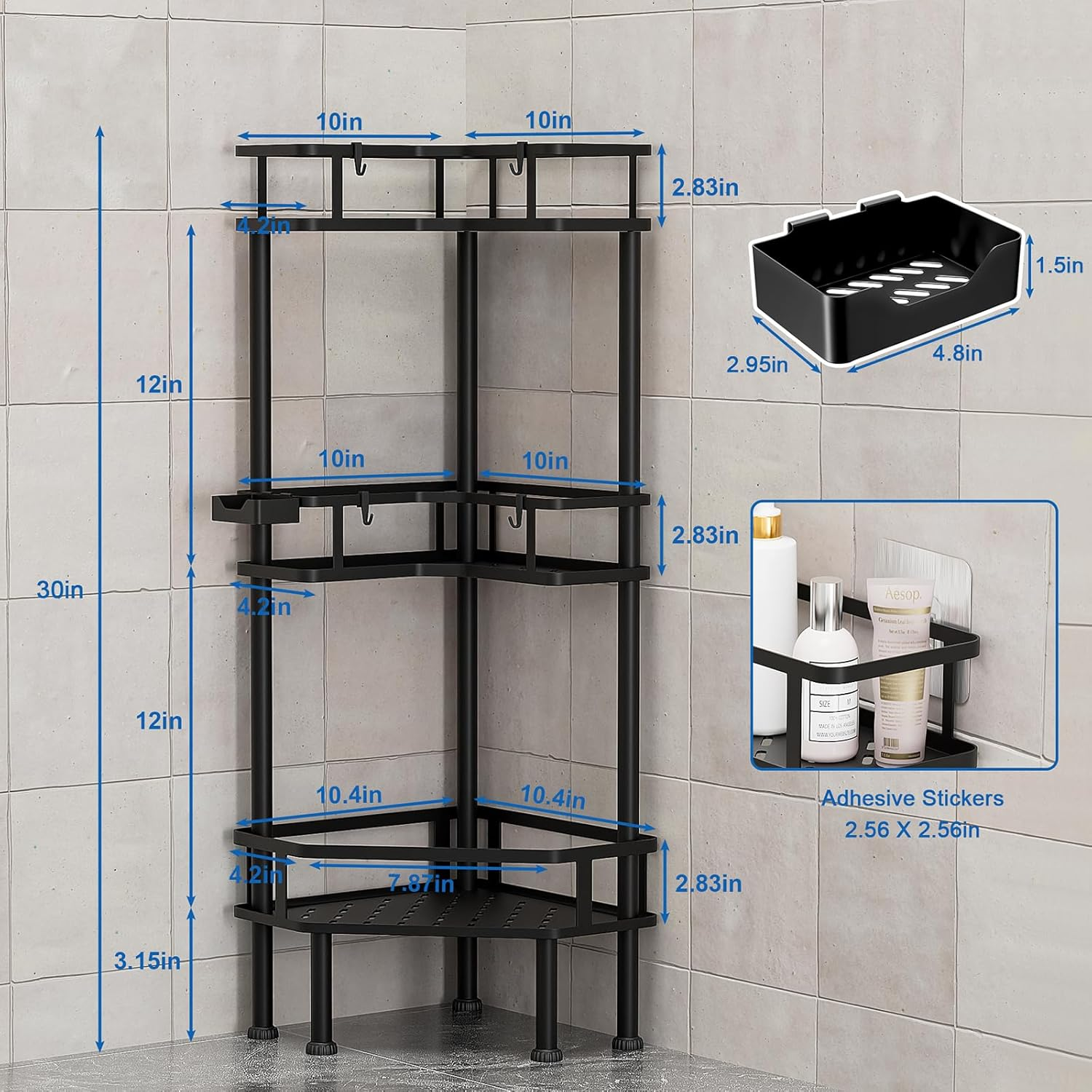 3 Pack Corner Shower Caddy, Bathroom Shelf 2-In-1, Shower Organiser No Drilling, Black Rust-Resistant Adhesive Shower Shelf, Shower Storage with Soap Holder, Bathroom Accessories image number 2