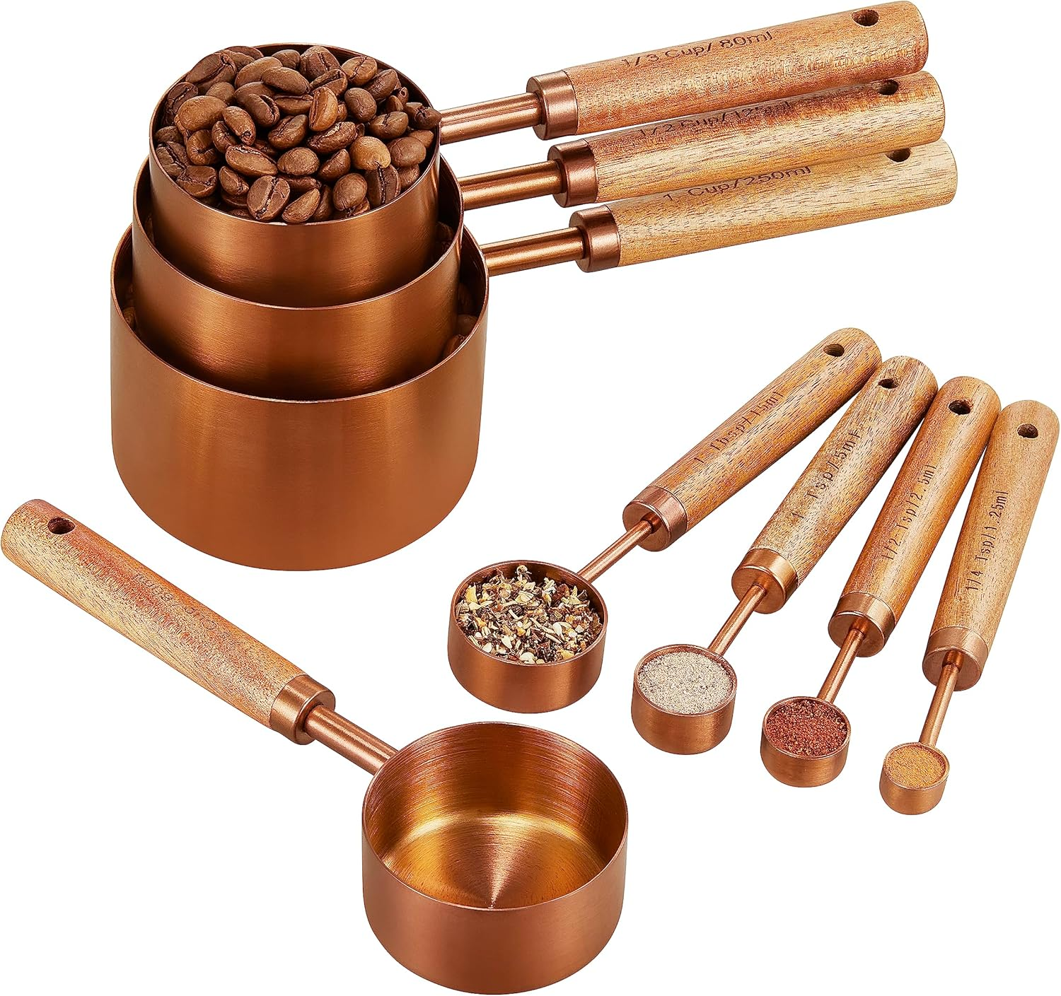 Copper Stainless Steel Measuring Cups and Spoons Set of 8, Wooden Handle with US Measurements, Metric Cups and Spoons for Cooking and Baking image number 3