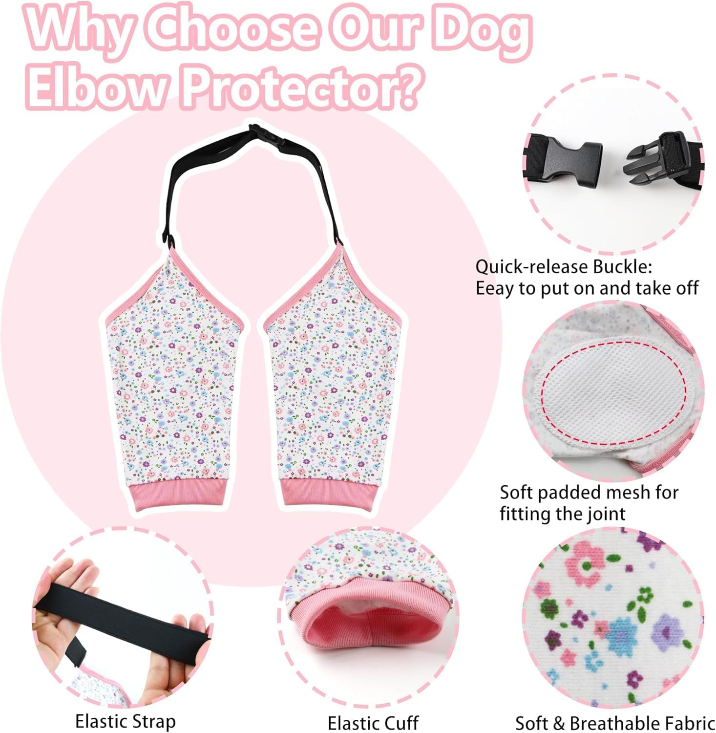 Dog Elbow Sleeve for Front Leg Calluses, Dog Elbow Protector Pads Dog Recovery Sleeve to Stop Licking, Adjustable Dog Elbow Wrap Sleeves, Dog Shoulder Brace Recovery Suit for Arthritis & Joint Care (XL, Pink Floral) image number 4