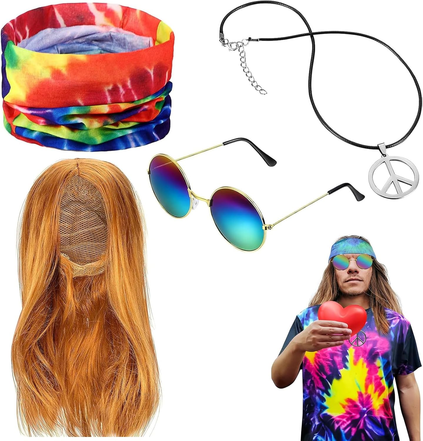 4 PCS Hippie Costume Set, Wig Sunglasses Peace Necklace Colorful Headband, Men'S 70S Disco Style Vintage Fancy Dress for Halloween Party 80S 90S Rock Party Accessories