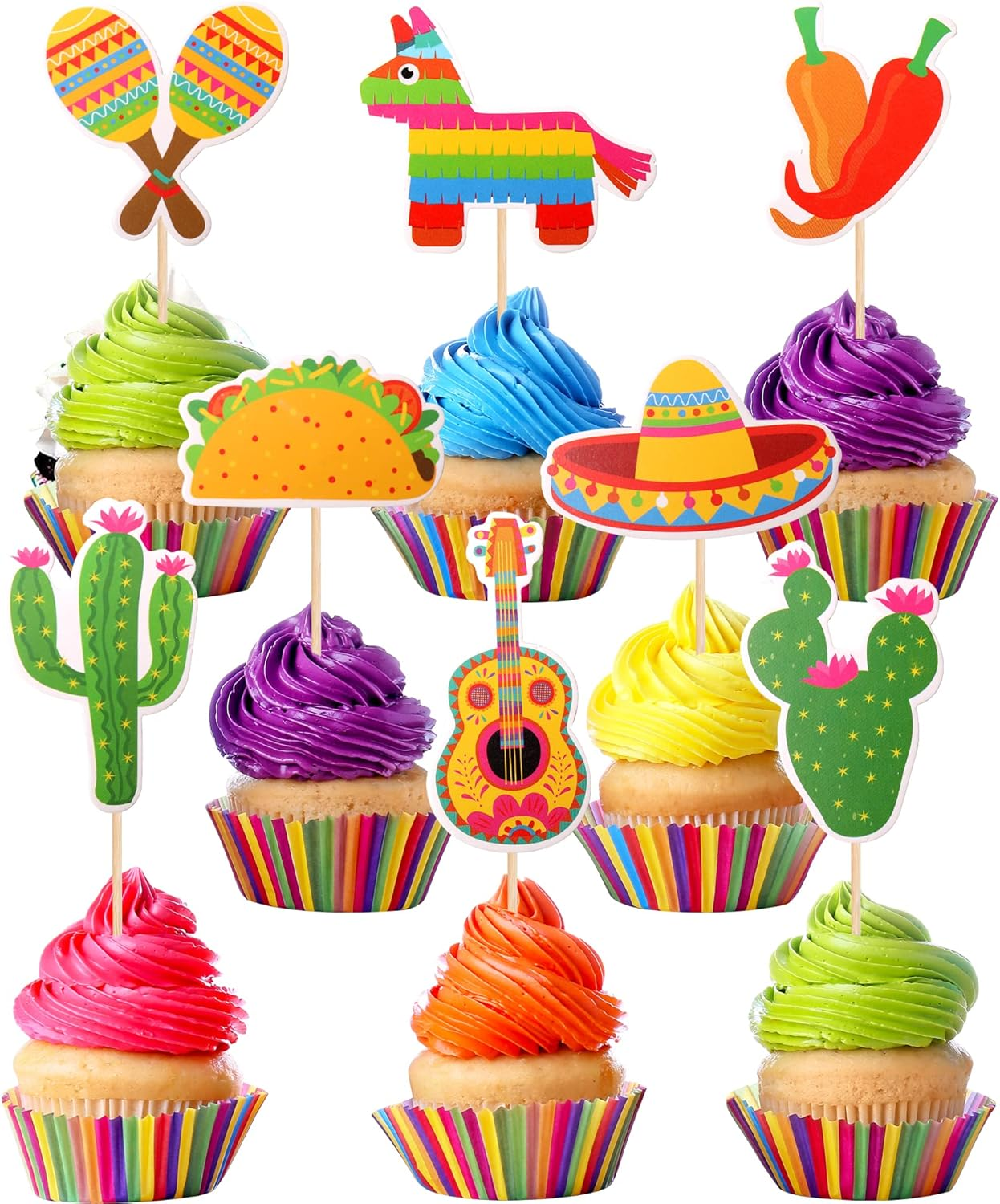 32 Pack Mexican Fiesta Cupcake Toppers Assembled Cactus Donkey Maraca Sombrero Guitar Cupcake Picks Mexican Fiesta Theme Baby Shower Birthday Party Cake Decorations Supplies image number 1