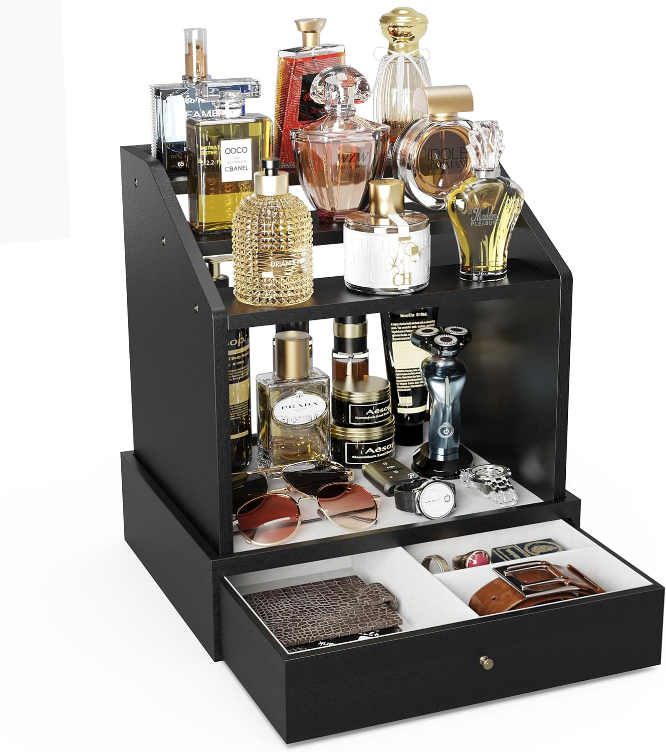 Cologne Organizer for Men, Large Capacity Perfume Organizer with Drawer, Cologne Storage Perfume Display Stand, Wooden Cologne Holder for Dresser, Black image number 5