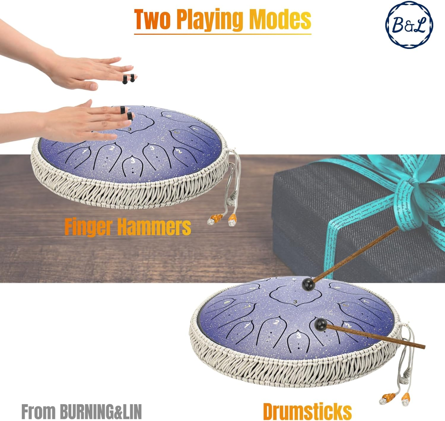 BURNING&LIN Steel Tongue Drum 15 Notes 14 Inches Handpan Drum Percussion for Meditation Yoga Musical Education for Adult& Kids (Purple) image number 3