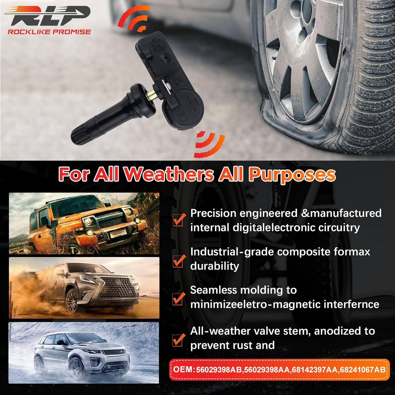 Set of 4 TPMS Tire Pressure Monitoring System Sensor 433Mhz Compatible with Jeep Wrangler JK Dodge Ram Charger Replacement for 56029398AB 68142397AA 68241067AA 68241067AB image number 1