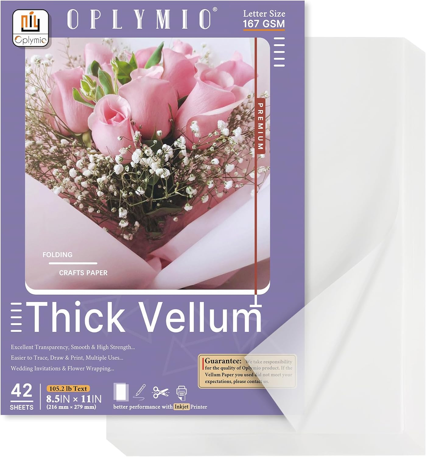 Thick Translucent Vellum Paper, Oplymio 42 Sheets 167GSM Printable Vellum Paper for Invitations, Envelopes, Heat Embossing, Belly Bands(8.5 X 11 Inches) image number 1