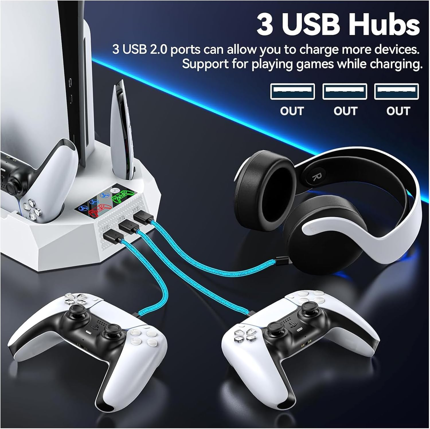 Cooling Stand for PS5/PS5 Slim, Charging Station for Playstation 5 Console, Dual Controller Charger, Turbofan with 3-Level Adjustable Cooling, 3 USB Hubs & Headset Holder (White) image number 4