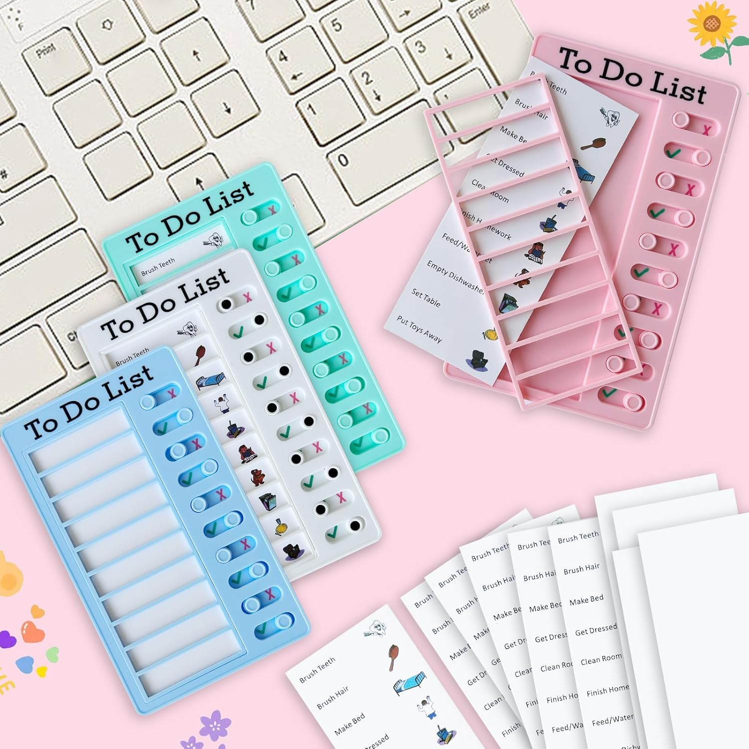 Chore Chart for Kids Multiple Kids, 4 Pcs Plastic Checklist Board Reusable to Do List with 40 Detachable Cardstock, My Chores Slider Chart for Daily/Morning/Bedtime Routine Planning