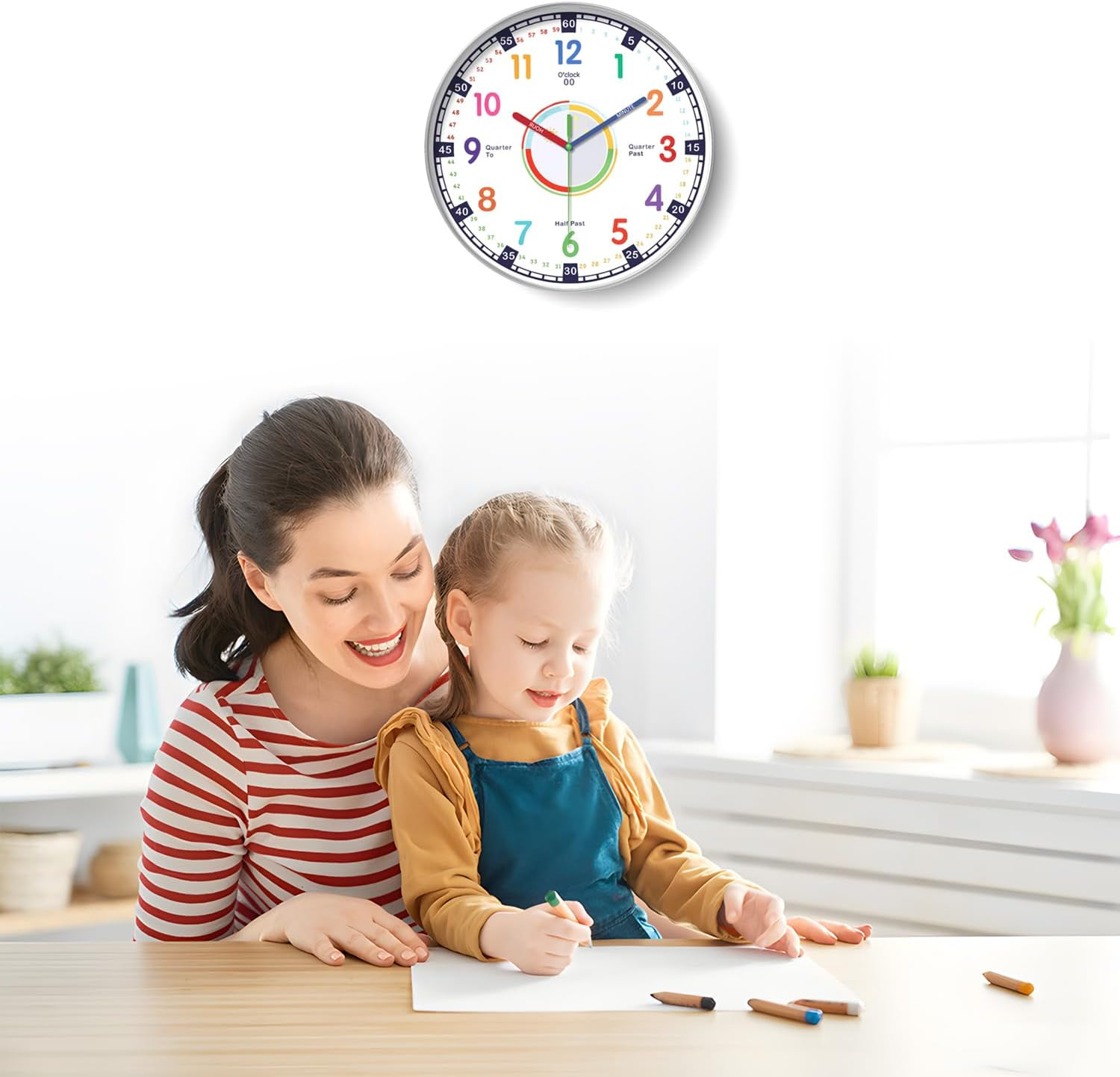 12 Inch Silent Wall Clocks, Kids Wall Clock for Bedroom, Non-Ticking Silent Clock, Quartz Classic Decor Clock, Large round Clock for Boys and Girls Classroom Home Decor (Silver) image number 3