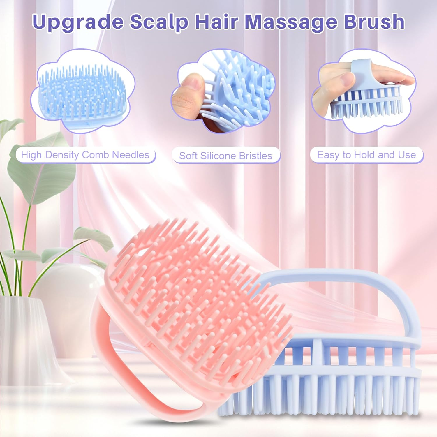 DUAIU Scalp Massage Brush with Hair Oil Applicator, 2 Pieces Silicone Head Massage Brush and 1 Piece Hair Oil Applicator, Massage Brush Hair Applicator Bottle Hair Kit Hair Growth Accelerate - Pink/Blue image number 1