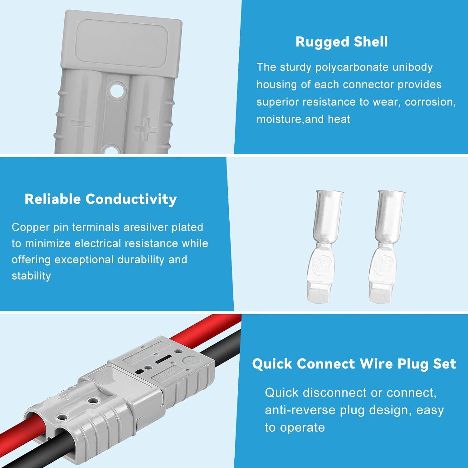 50 AMP Anderson Plug Connector, PIOGHAX 10 Pcs Battery Connection Quick Connector with 6AWG Silver Plated Copper Terminals,12-24V Outdoor DC Solar RV Power image number 1