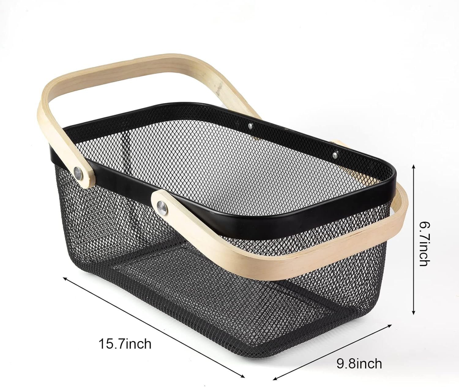 Portable Garden Harvest Basket-Mesh Design Natural Bamboo Handle Wire Storage Baskets,Mesh Basket with Handle Organize Items Reduce Space Occupation,Suitable for Kitchen,Garden,Picnic(Black) image number 3