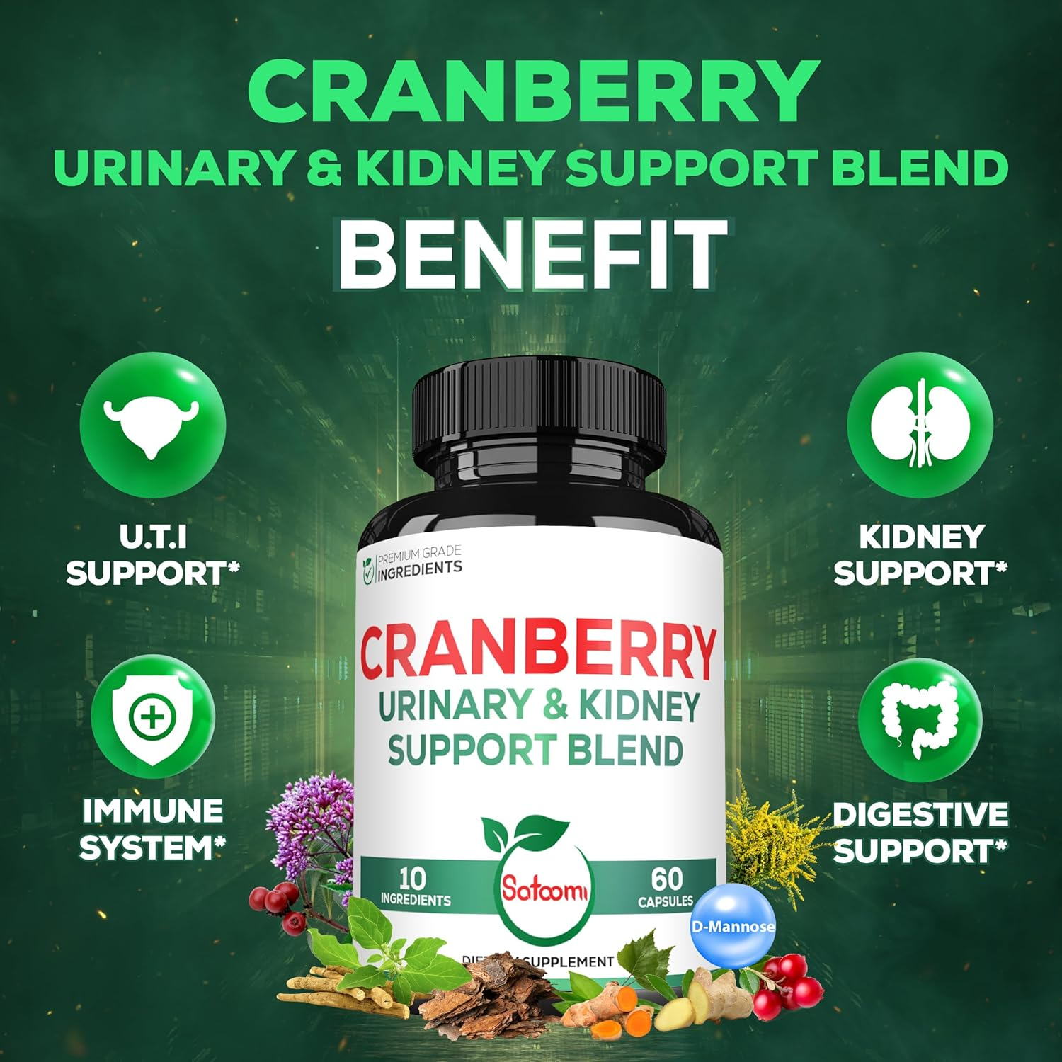 SATOOMI Cranberry Pills for Women - Combined with D-Mannose, Pine Bark, Uva Ursi Leaf & More - 60 Capsules image number 6