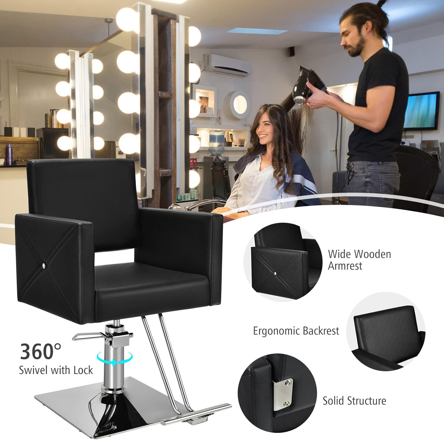 COSTWAY Barber Chair Hair Salon Styling Heavy Duty Hydraulic Pump Stylist Beauty Spa Shampoo Tattoo Equipment W/Electroplating Base, Armrests, Height Adjustable, 360&deg;Swivel, Load up 150KG Black image number 3