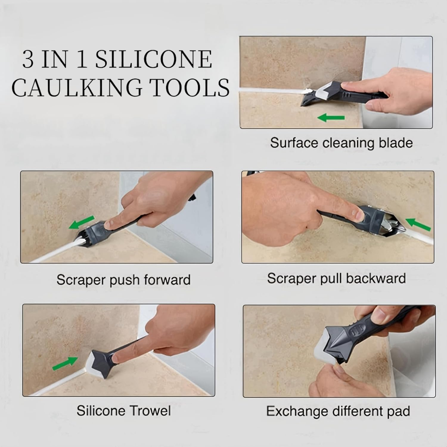 3 in 1 Silicone Caulking Tools, Glass Glue Angle Scraper, Stainless Steelhead Caulk Remover and Sealant Scraper, for Kitchen Bathroom Window and Frames Sealant Seals image number 5