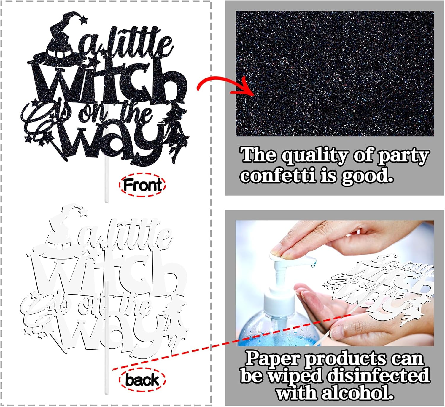 A Little Witch Is on the Way Cake Topper, a Little Boo Is Almost Due Cake D&eacute;cor, Halloween Baby Shower/Gender Reveal/First Birthday Party Decorations Supplies, Black Glitter image number 3