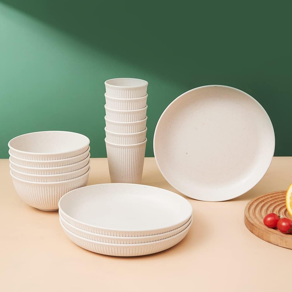 HOMIEST 18Pcs Wheat Straw Dinnerware Sets Unbreakable Reusable Dinnerware Set Kitchen Cups Plates and Bowls Sets Dishwasher Microwave Safe Plates image number 2