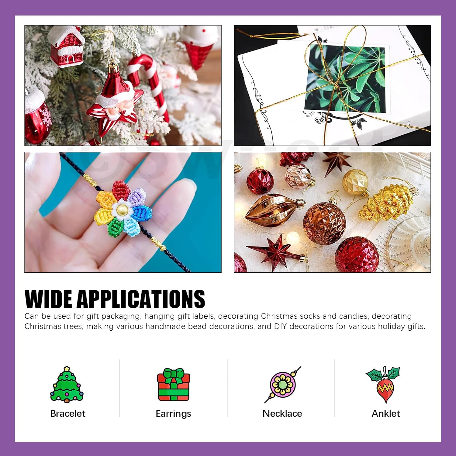 Swpeet 9Pcs 8 Colors 55 Yards Metallic Elastic Cords with Scissors, Metallic Cord Tinsel Rope, Metallic Stretch Cords Elastic Cords Ribbon for Craft Gift Wrapping Christmas Jewelry Making image number 1