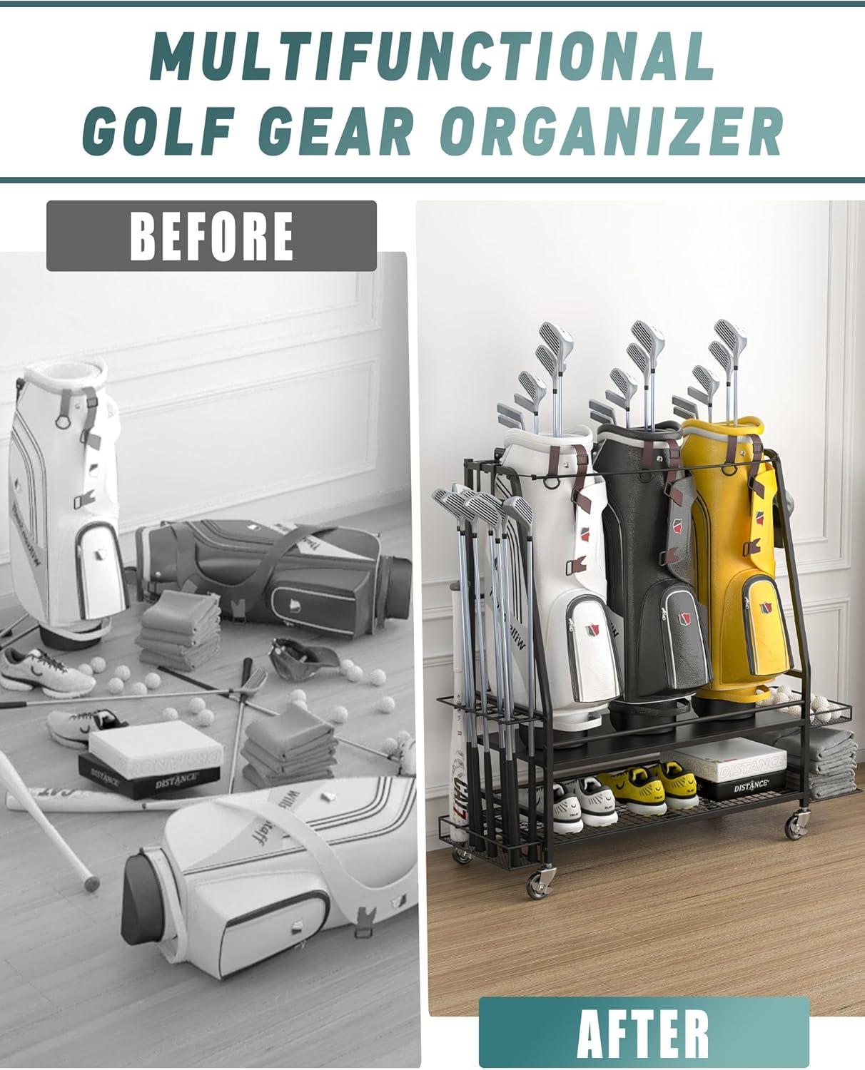 Golf Bag Storage Garage Organizer for 3 Golf Bags - Golf Bag Storage Rack for Garage - Golf Bag Organizer with 2 Side Shelves, Clubs Holder and Wheels - Golf Organizer for Golf Accessories image number 5