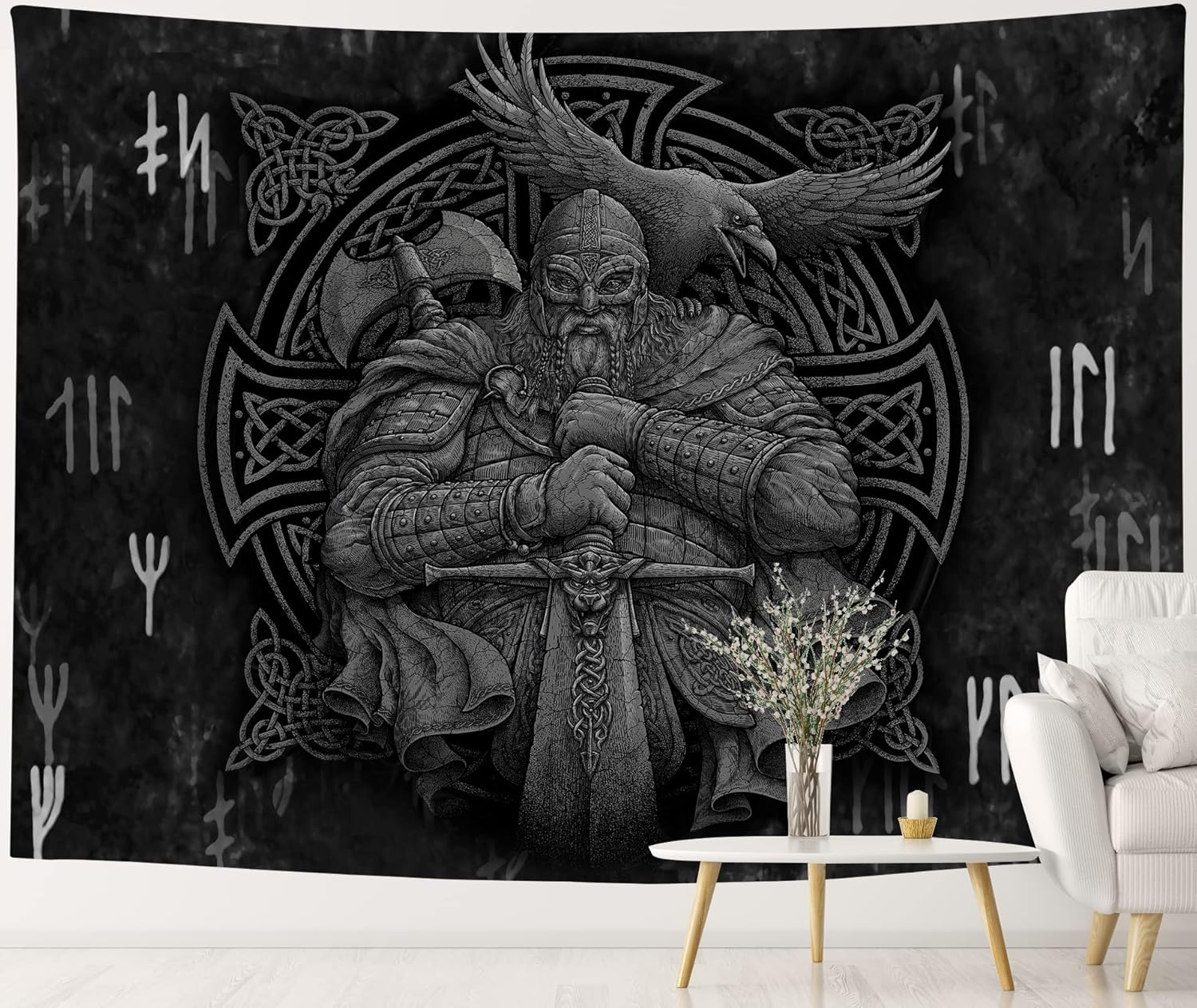 Norse Viking Tapestry Odin Warrior Sword Axe Raven Tapestries Square Knot Tattoo Art Wall Hanging Nordic Meditation Runes for Men Bedroom Aesthetic Room Home Decor 80" X 60" image number 4