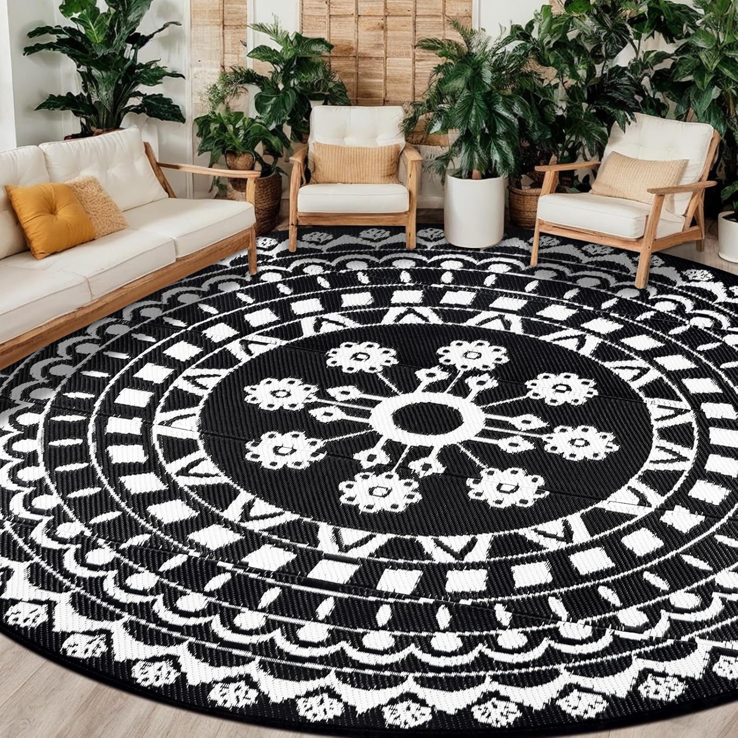 Capslpad round Outdoor Rug for Patio 150Cm Boho Reversible RV Mat Waterproof Outdoor Plastic Straw RV Camping Rug outside Circle Area Rug for Porch Deck Terrace Picnic Beach Apartment Pool Decor,Teal