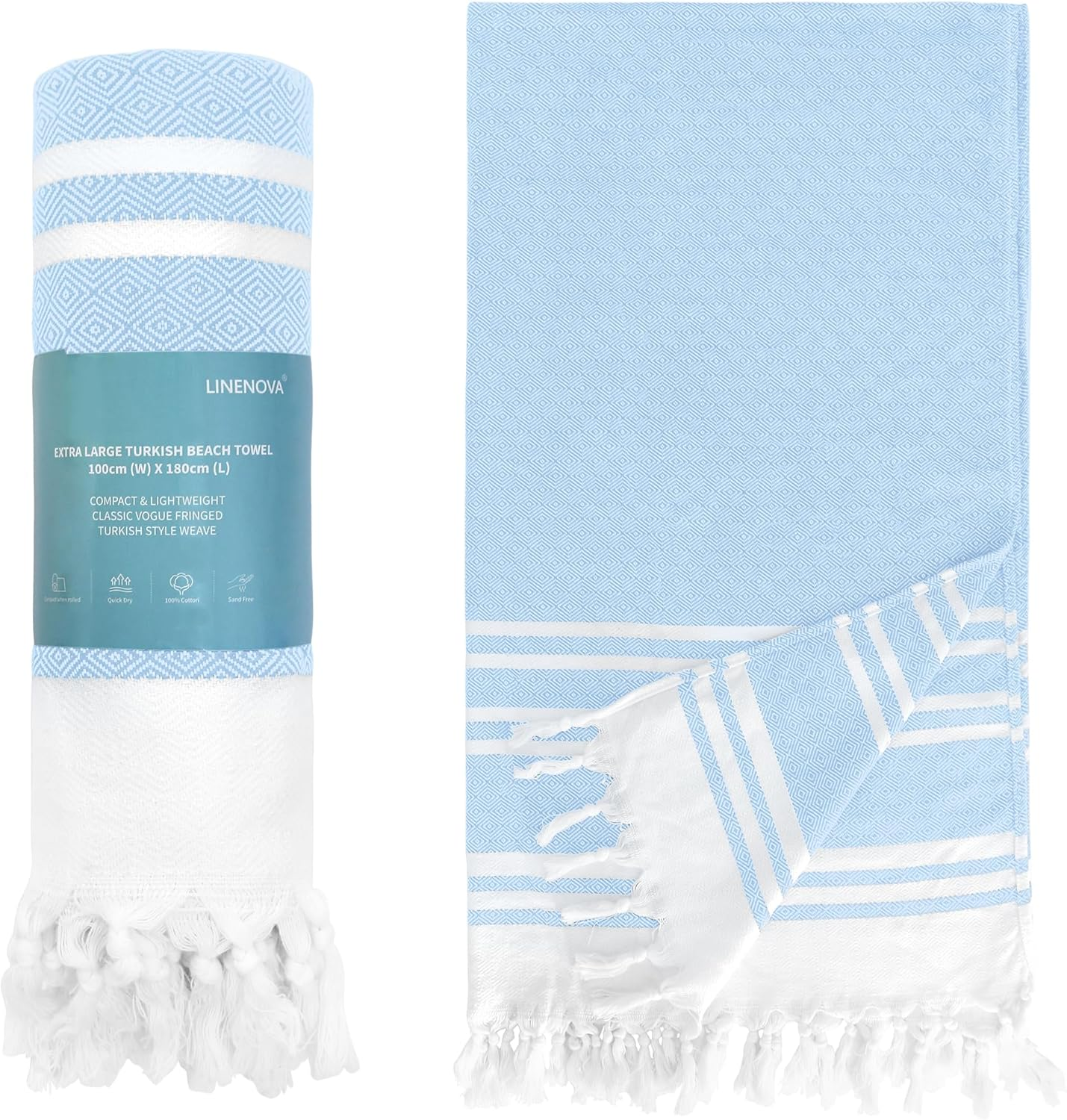LINENOVA 100% Cotton Turkish Beach Towel 180&times;100Cm, Oversized Absorbent Towels, Sand-Free, Quick Dry & Lightweight Pool Towel for Swimming, Travel, Holiday &ndash; Blue
