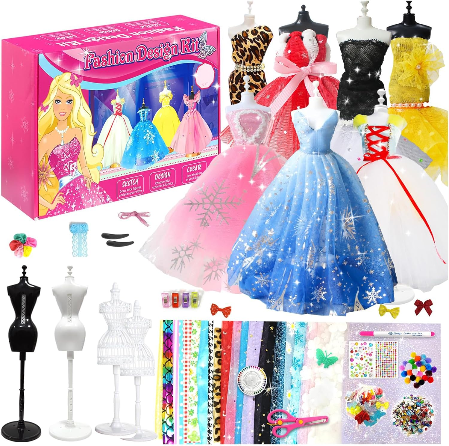 500+Pcs Fashion Designer Kit for Girls, Sewing Kit Arts and Crafts Set for Kids Ages 6-12 with 4 Mannequins & Instruction DIY Doll Clothes Making Learn to Sew Toys for Girls Birthday Gift image number 2