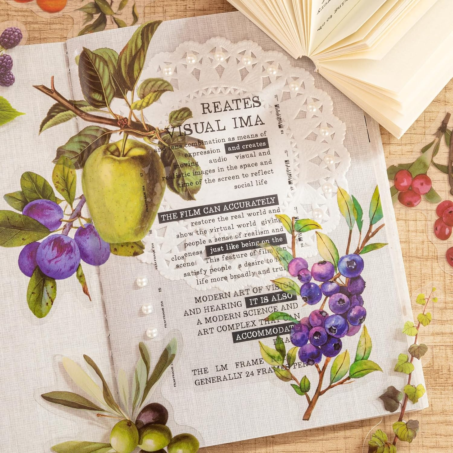 Mayplous Fruit Scrapbook Sticker Decal Set, Plastic PET, DIY Journaling, Lemon, Pineapple, Grape, Orange, 60 Pieces, Sticky Pearl, Circle Doily Paper, Beige Paper String - Mandy image number 3