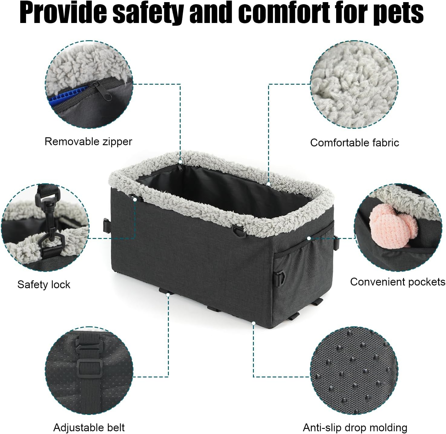 Dog Car Seat, Dog Booster Car Seat, with Seat Belt and Cushion. Pet Car Seat, Anti-Collapse Center Console Dog Car Se, with Removable Support, Adjustable Shoulder Strap for Small Dogs