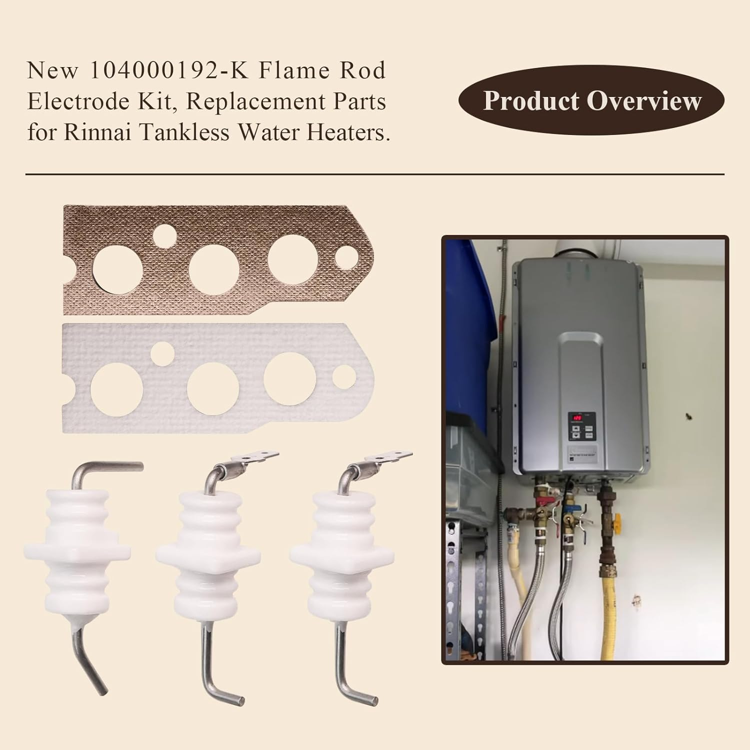 New 104000192-K Flame Rod Electrode Kit, Fit for Rinnai R75 and R94 Tankless Water Heaters, Compatible with Rinnai VB2528FFUD, VB2528WD, KA2530FFUD, KA2530WD, VB2735FFUD, VB2735WD, KA3237FFUD image number 2