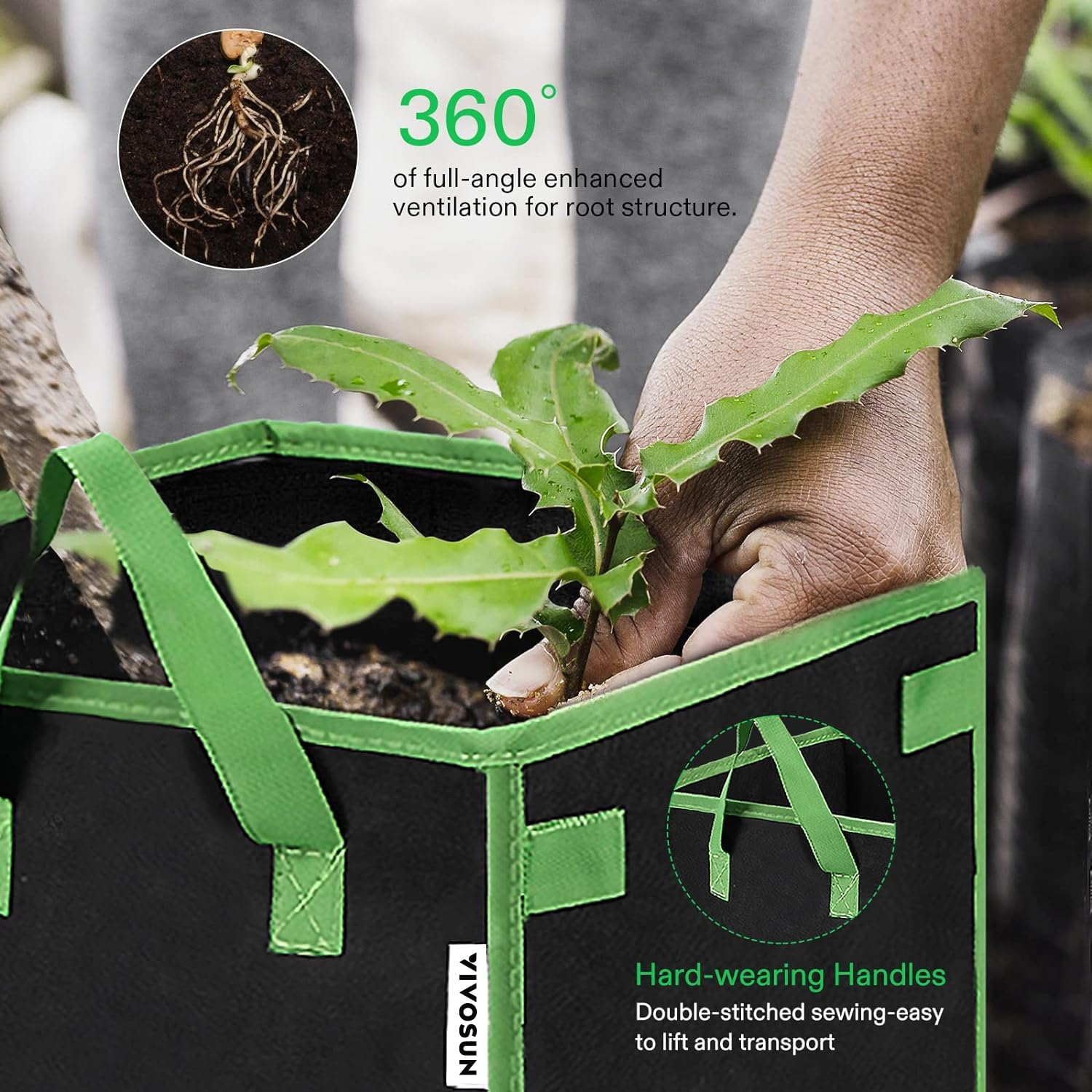 VIVOSUN 5 Pack 3 Gallon Square Grow Bags, Thick Nonwoven Cubic Fabric Pots with Handles for Indoor and Outdoor Gardening image number 6