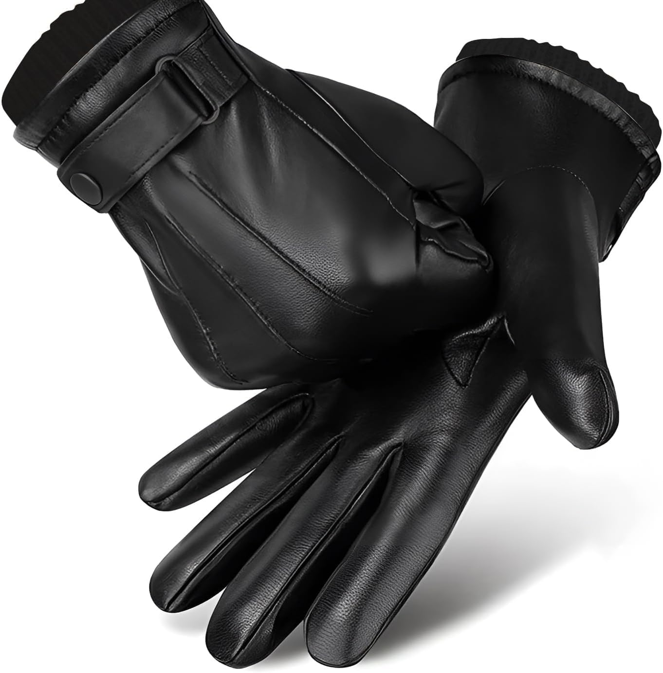 Men'S Winter Black Gloves Leather Touchscreen Snap Closure Cycling Glove Outdoor Riding Warm Waterproof Gloves image number 6