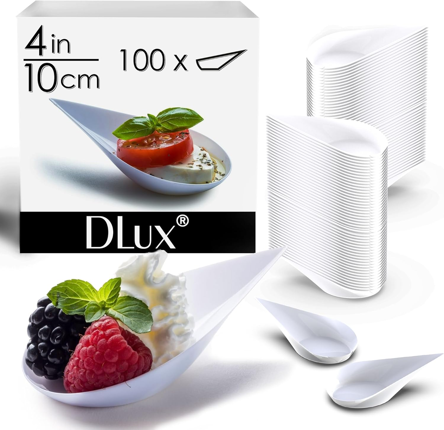 Dlux 100 4-In Tear Drop Mini Appetizer Plates, White Plastic Spoons - Desserts and Appetizers Dishes Serving Plate - Disposable Asian Spoon Set, Small Catering Dessert Tasting Cups - with Recipe Ebook image number 3