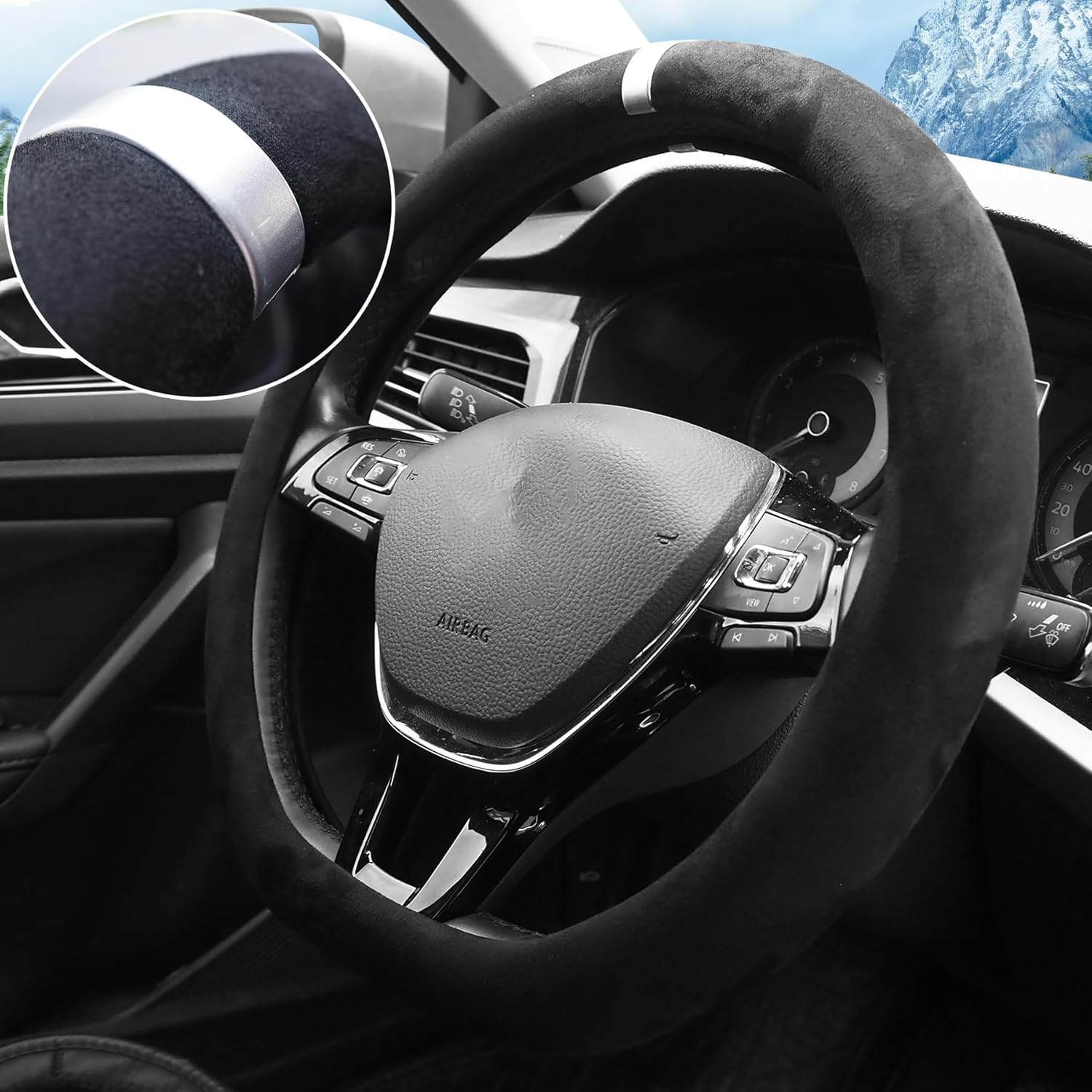 Car Steering Wheel Cover, Suede Car Interior Accessory for Driverse Car, Anti-Slip Breathable Full Surround Leather Steering Wheel Covers Protector for 14.5"-15" Universal Fit (Silver-O Shape) image number 3