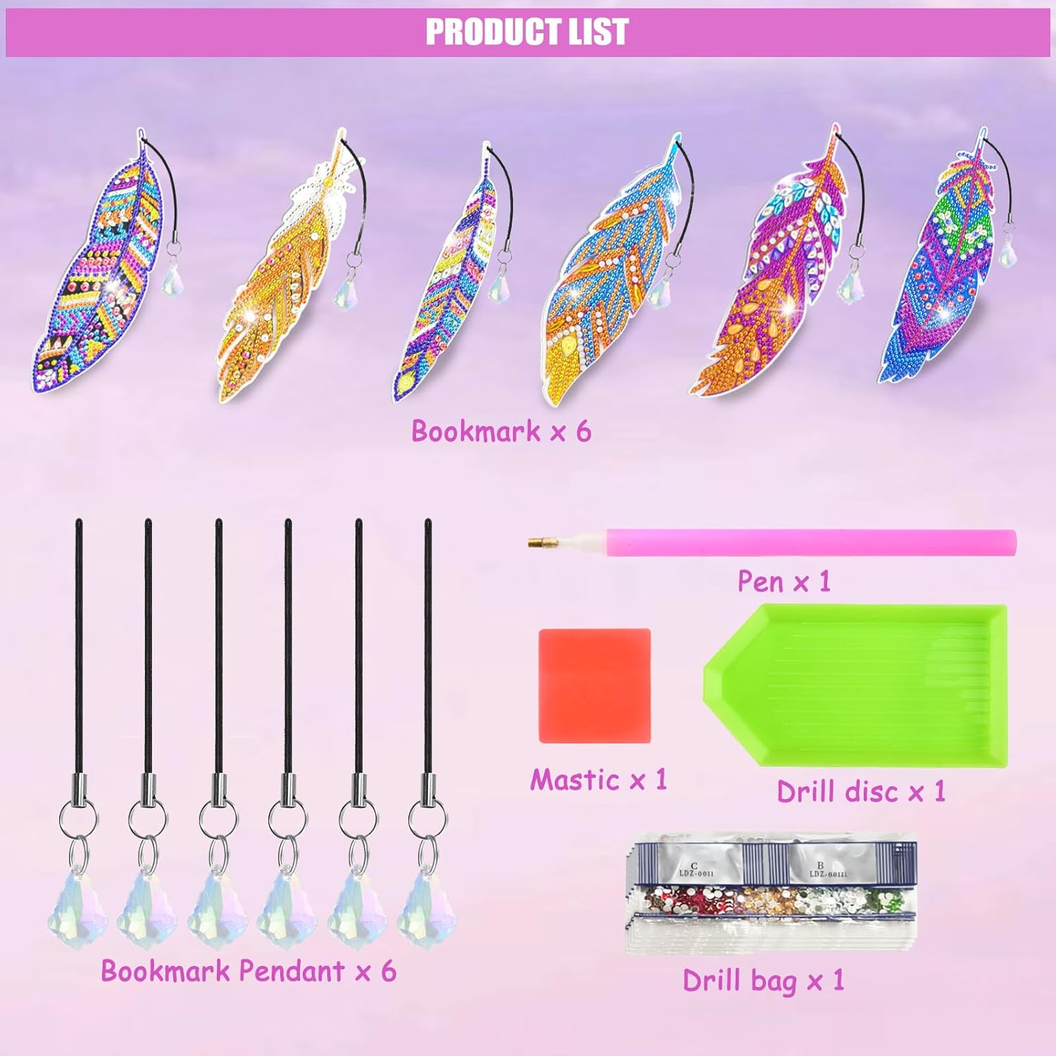 MATHARAGO 6 Pcs Diamond Painting Kits for Kids, Feather Bookmark Diamond Art Kits, DIY Crystal Diamond Art for Kids, Enfants, Girls and Women, Diamond Painting Bookmarks with Crystal Pendant (YQ087) image number 3