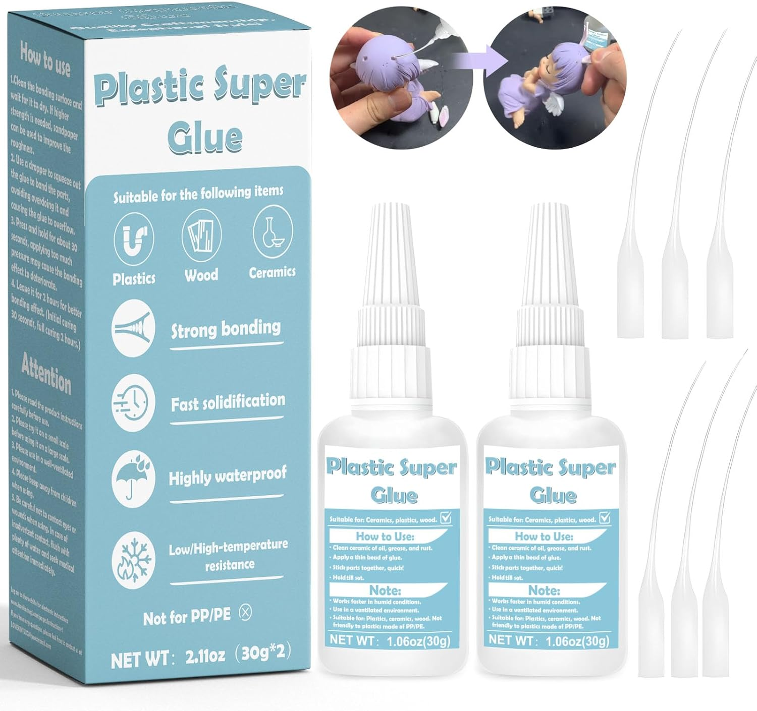 60G Plastic Glue, Super Glue for Plastic Repair, Heavy Duty Instant Adhesive - Waterproof, Heat-Resistant, Clear Adhesive for Toys, Car, ABS, PVC, DIY Kits, 3D Printing image number 5