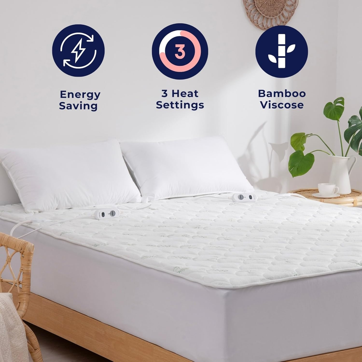 Dreamaker Bamboo Quilted Electric Heated Blanket Fully Fitted with Overheat Protection Eco-Friendly Hypoallergenic Adjustable 3 Heat Settings with LED Display 2 Detachable Controller - (King) image number 1