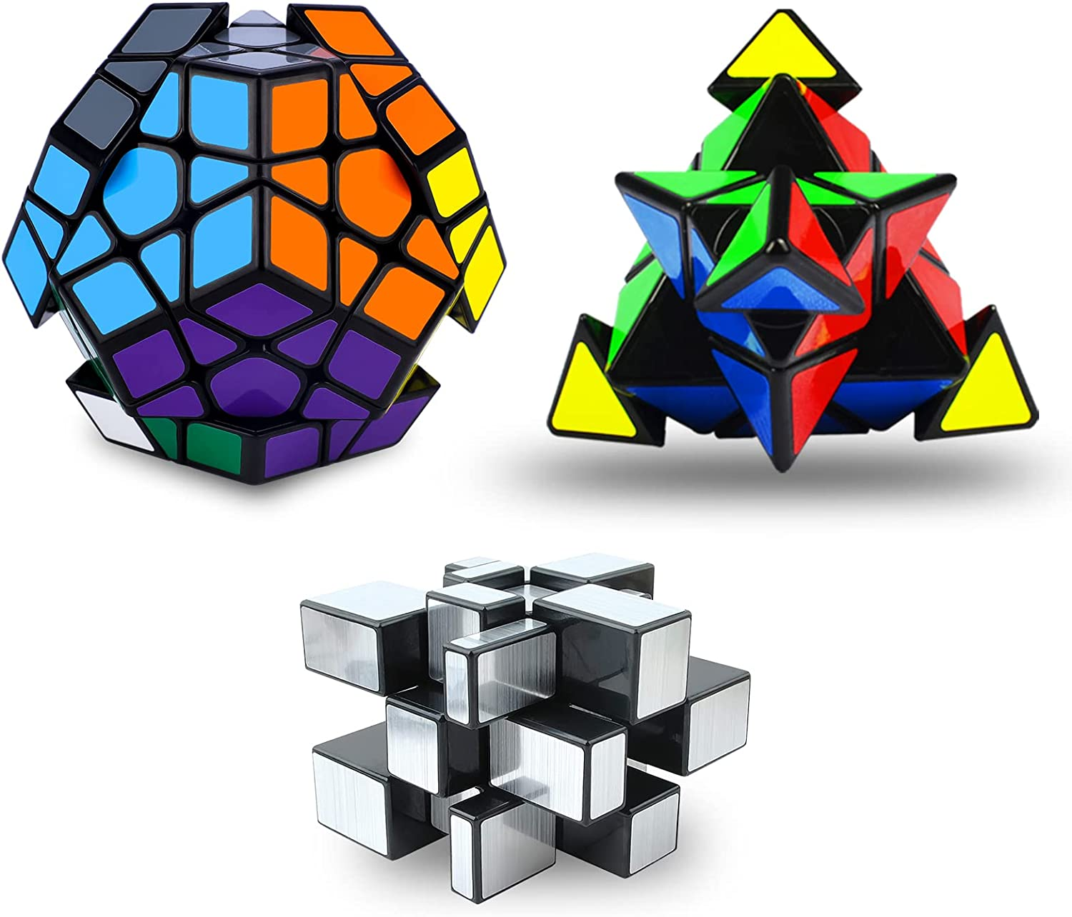 YKL World Black Magic Dodecahedron Megaminx + 3X3X3 Pyraminx + Silver 3X3 Mirror Puzzle Cube