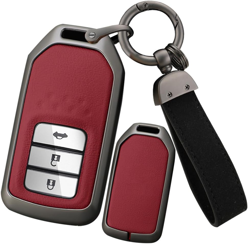Ontto Alloy Leather Remote Key Fob Cover Fit for Honda Accord Civic CR-V Fit HR-V Pilot EX Odyssey Crosstour Ridgeline 2/3/4 Buttons Key Shell Case Keyring Key Holder Bag Keychian Accessories