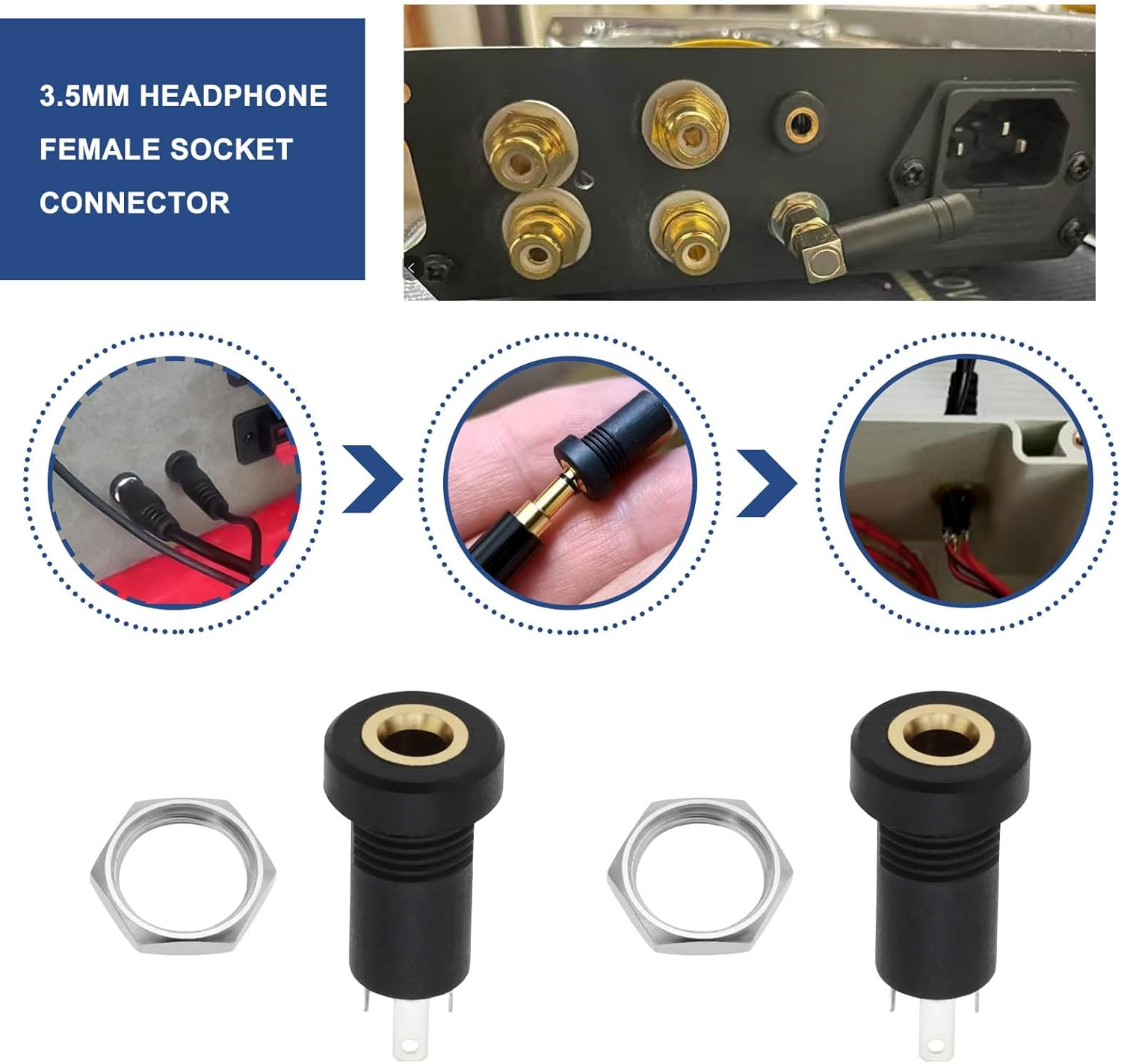 Emsea 5PCS 3.5Mm Audio Jack Socket 3 Pole Stereo Socket Connector Headphone Jack Connector Stereo Solder Panel Black with Nut image number 1