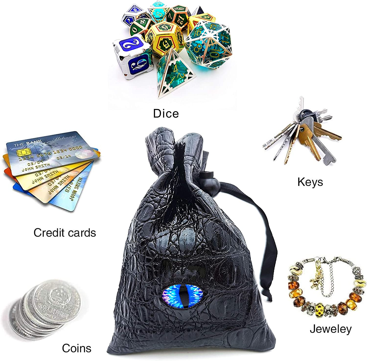 HAOMEJA DND Stuff Role Playing Dice Bag Drawstring Leather DND Dice Bag, Storage Bag Black Blue Eye image number 2