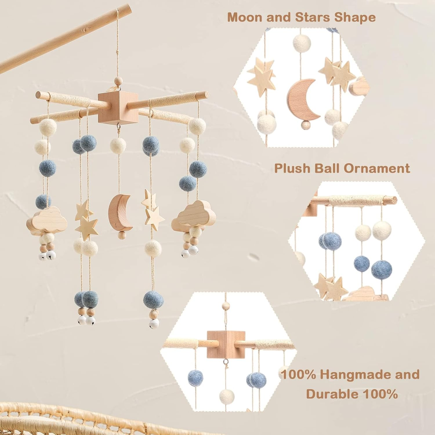 Promise Babe Clouds Wooden Baby Mobile - Blue Moon Design for Girl'S Bed image number 1