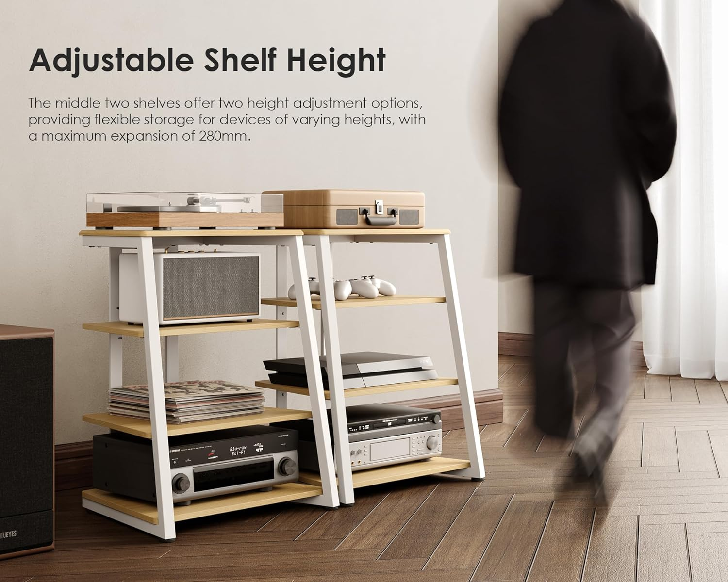 FITUEYES Design Modern Wooden Media Stand - 4-Tier Adjustable Corner Shelf for Gaming Setup (Ps5/Xbox), Sturdy Audio Tower & TV Component Organizer, (White Oak) image number 6