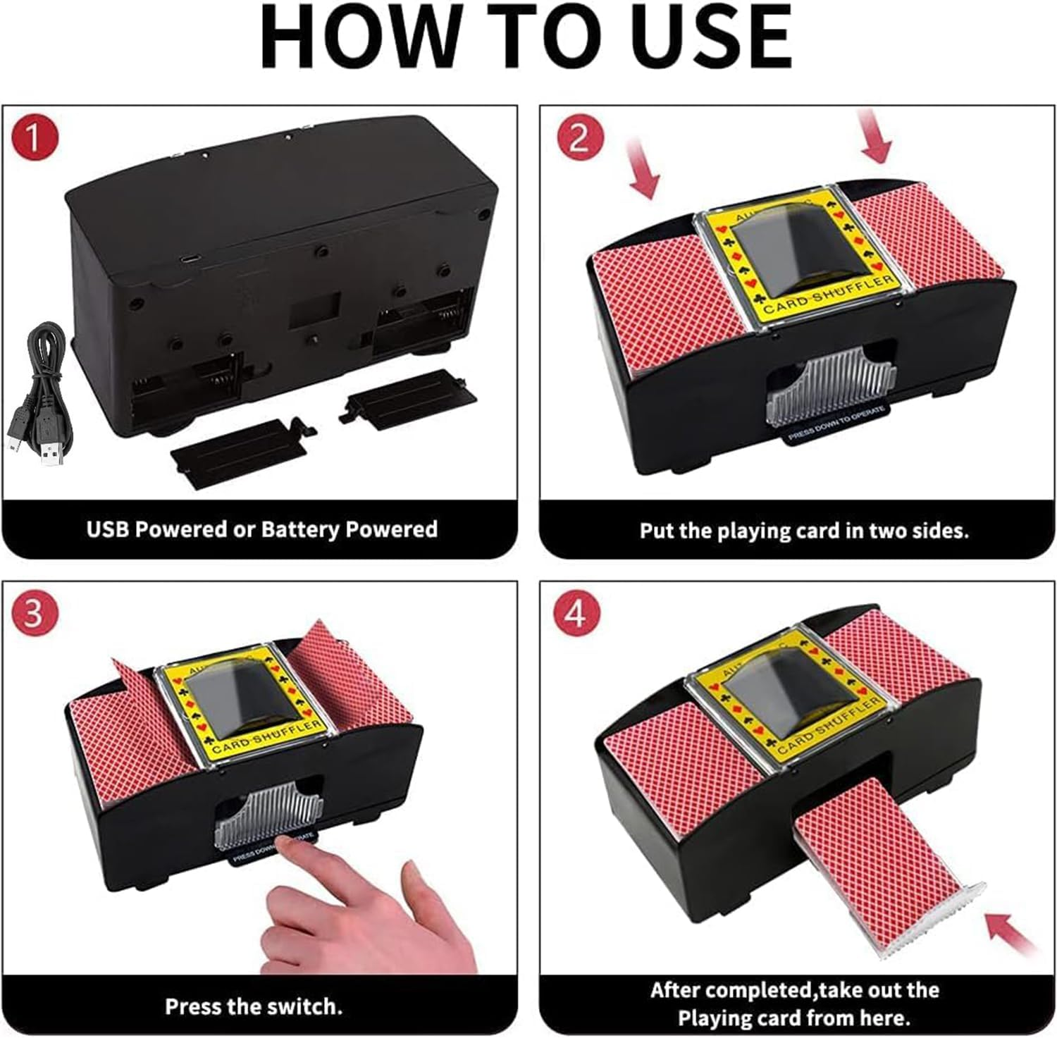 4 Decks Automatic Card Shuffler, Electronic Playing Card Shuffling Machine, Usb/Battery Operated Electric Shuffler with 4 Pack Playing Card Games Holder for Home & Party image number 2