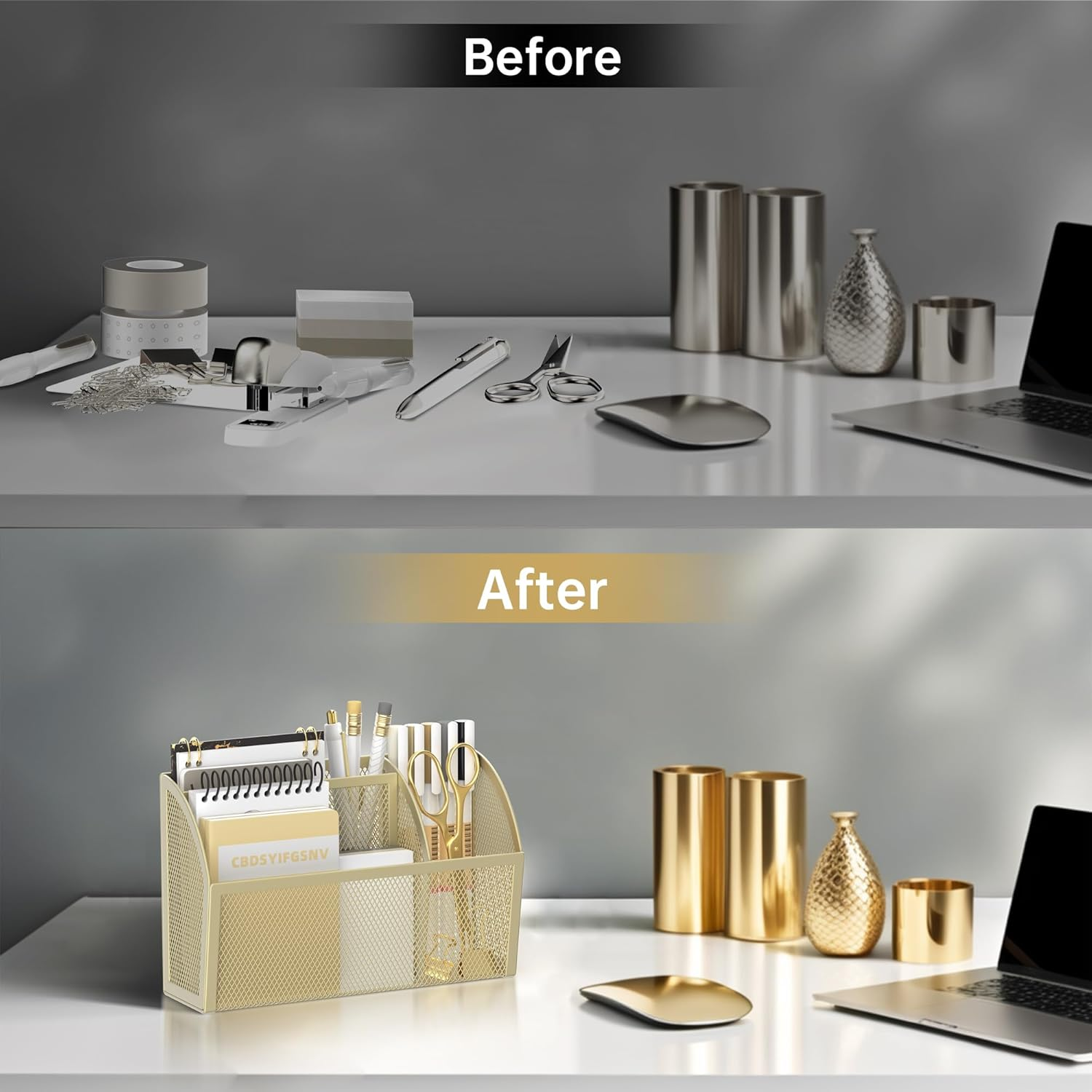 DALTACK Magnetic Pencil Holder for Whiteboard - 3-Grid Mesh Pen Organizer for Refrigerator, Locker Accessories - Office Shelf, Golden Yellow image number 3