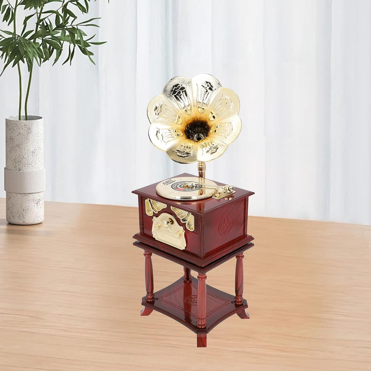 Vintage Gramophone Clockwork Music Box Mechanical Retro Phonograph Style Music Box with Handcrafted Details for Home Office Decor (Brown Gramophone with Base) image number 5