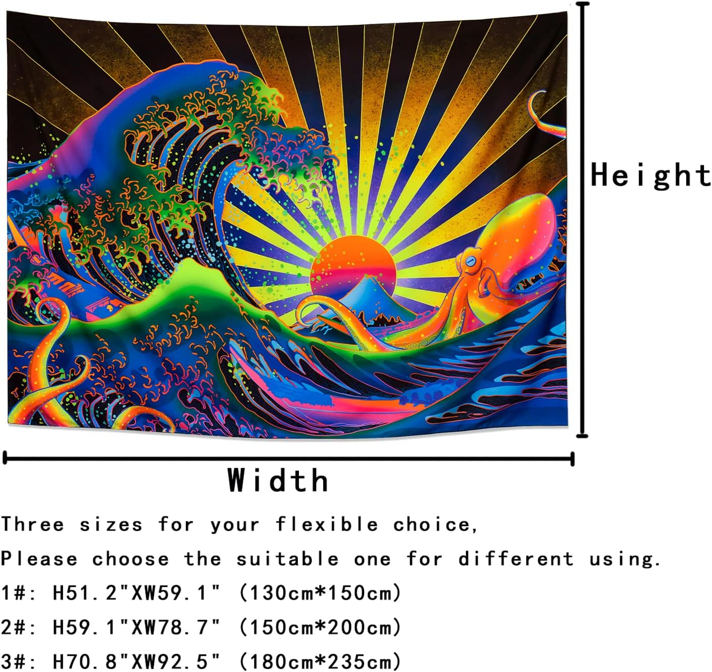 Blacklight Tapestry Great Wave Tapestry UV Reactive Japanese Kanagawa Sunset Tapestry Vintage Ocean Wave Octopus Tapestry Wall Hanging for Bedroom Backdrop image number 1