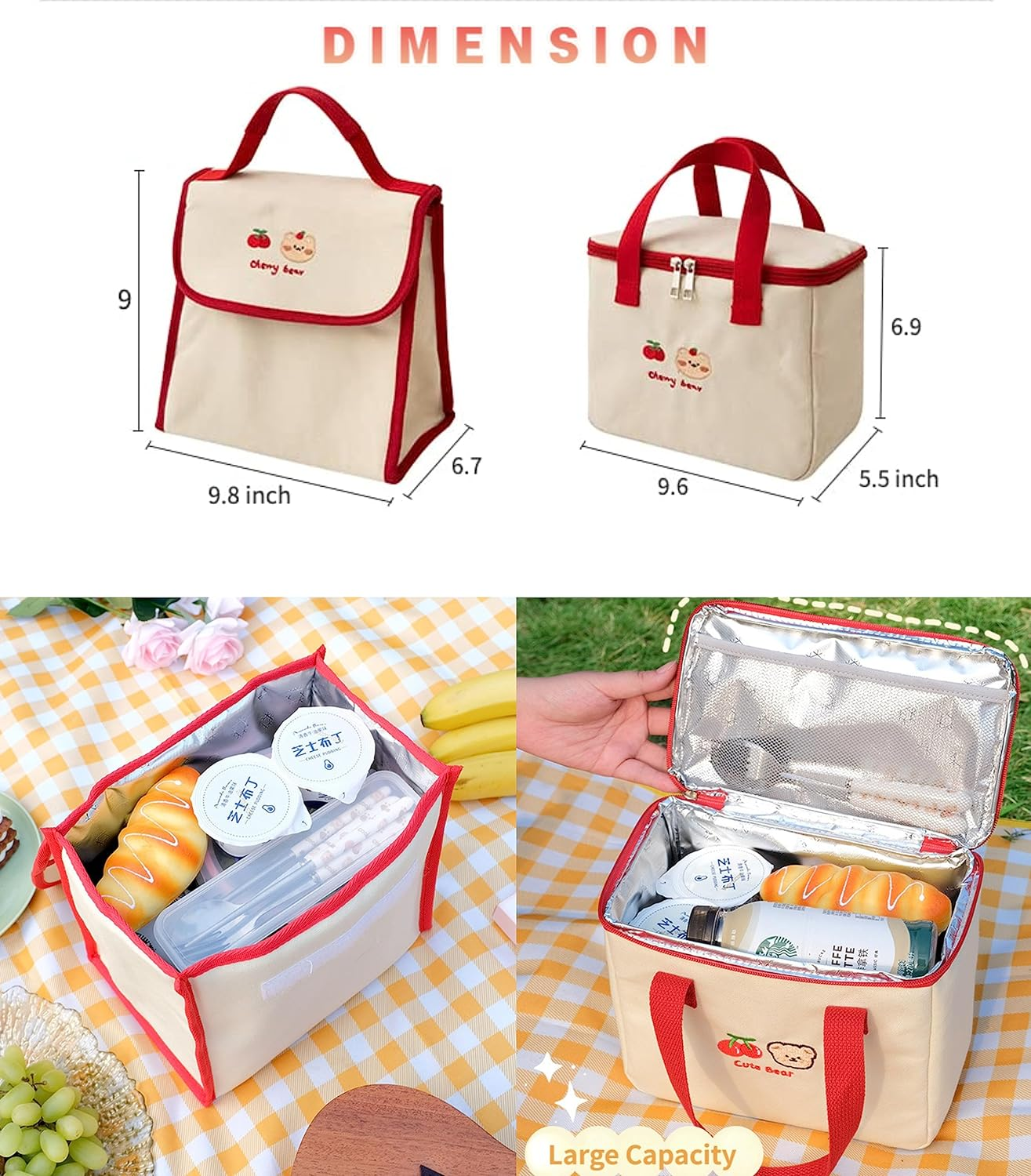 RICHTRUE Kawaii Lunch Bag for Girls Lunch Box Insulated Cute Lunch Bags for Women Insulated Lunch Box for Kids (Bear-Flip)